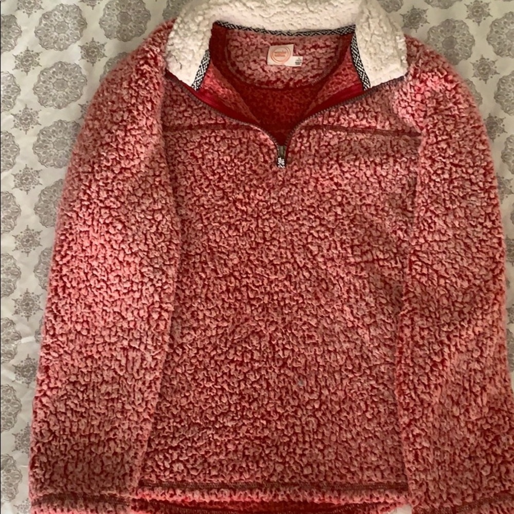 red fuzzy sweatshirt